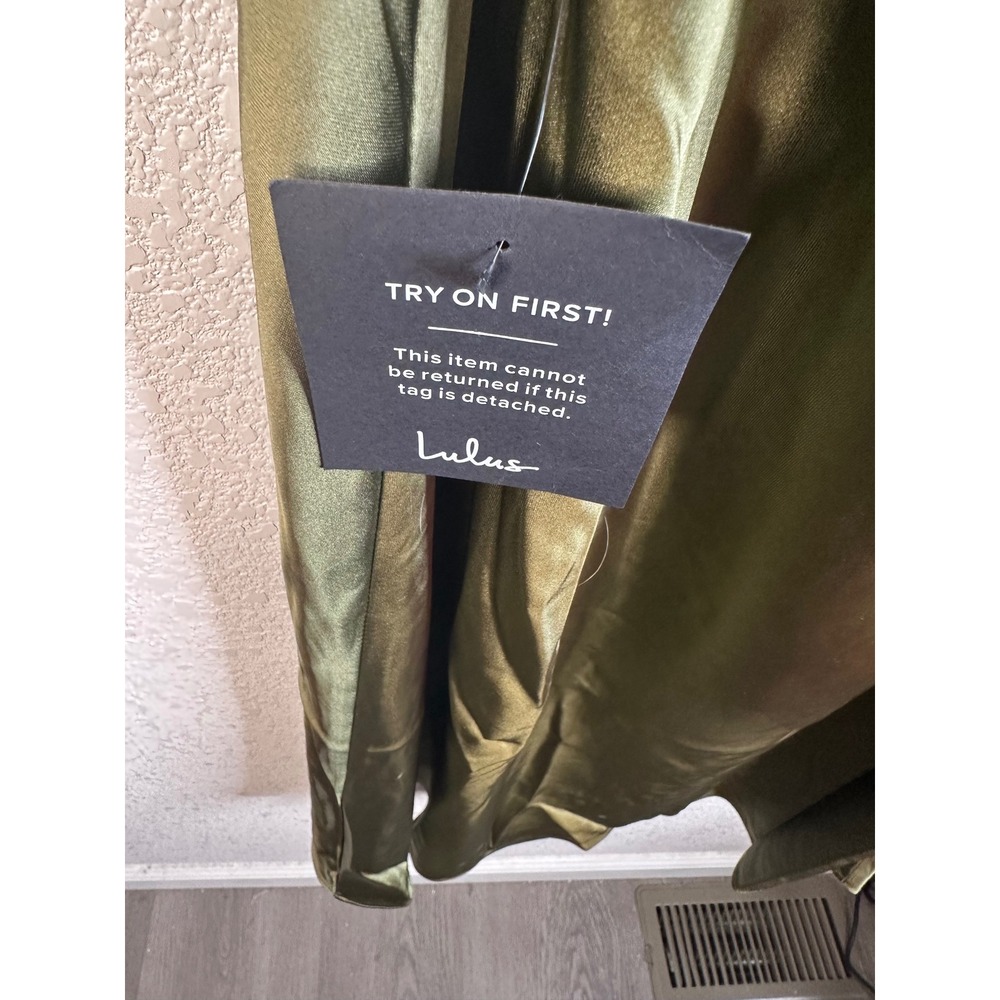 Lulus Unmatched Elegance Olive Green Satin Back Cutout Midi Dress Size Medium - Picture 9 of 11